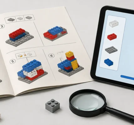 Papierowa instrukcja budowania obok kolorowych klocków i tabletu z instrukcją cyfrową