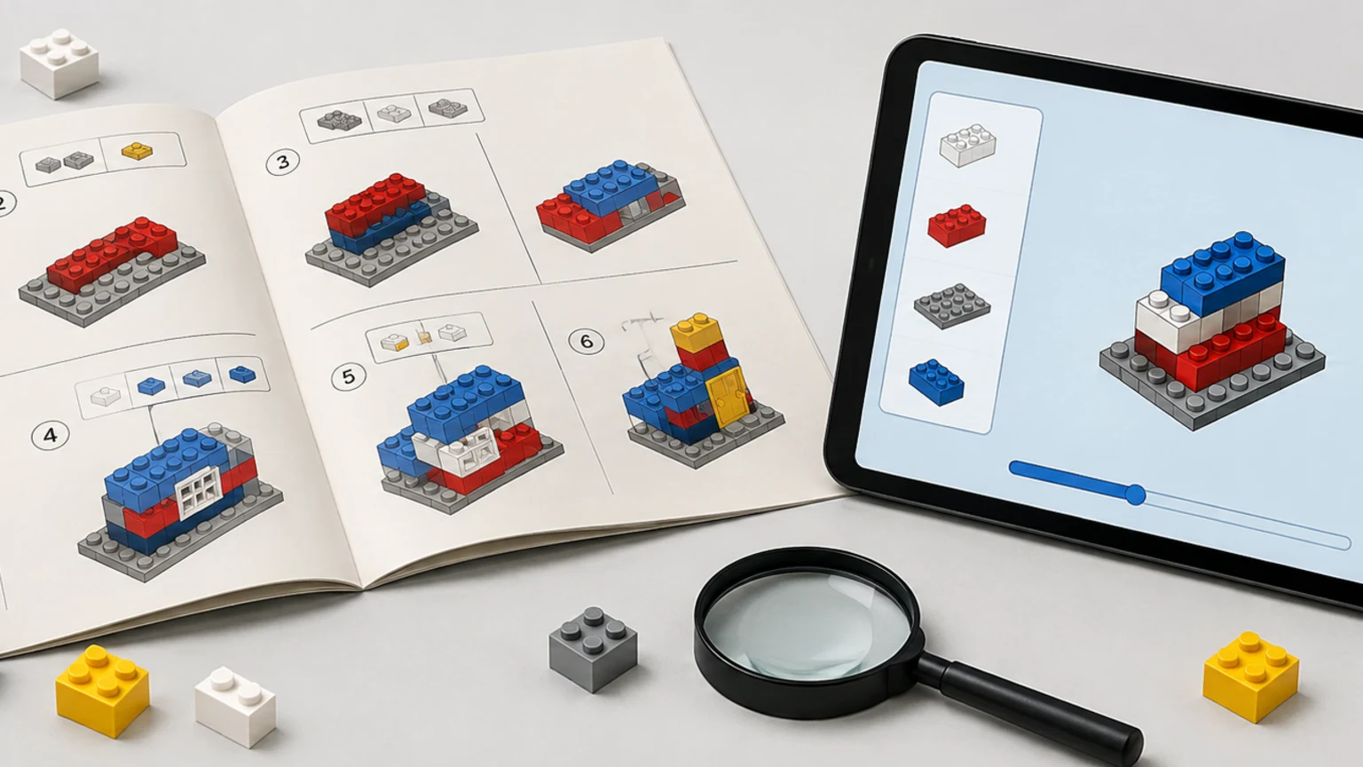 Papierowa instrukcja budowania obok kolorowych klocków i tabletu z instrukcją cyfrową