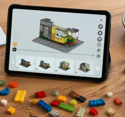 Cyfrowa instrukcja 3D na tablecie obok papierowej książeczki i kolorowych klocków