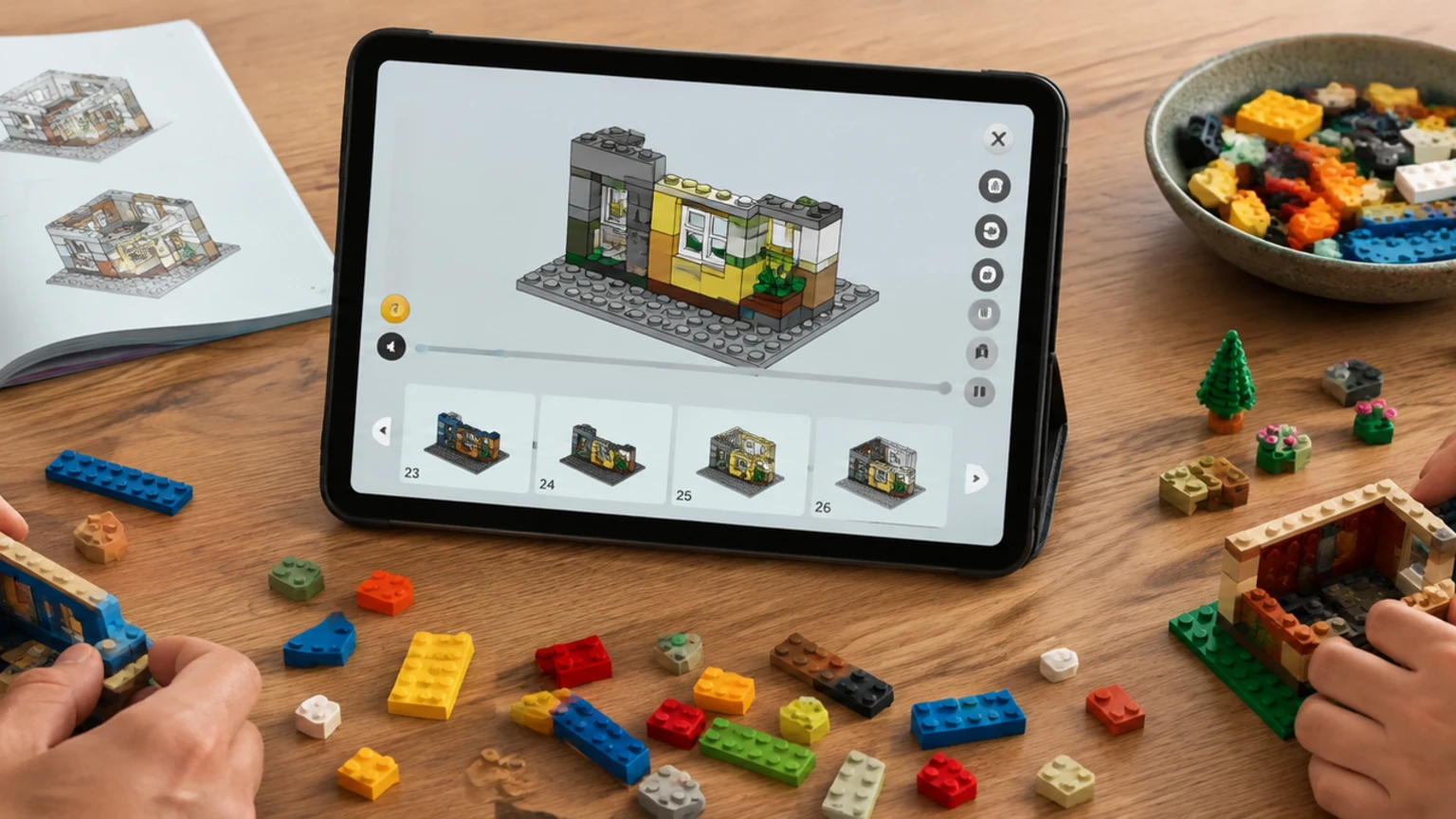 Cyfrowa instrukcja 3D na tablecie obok papierowej książeczki i kolorowych klocków