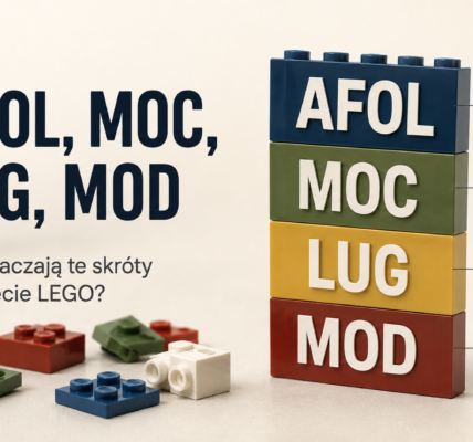 Jasna infografika z napisami AFOL, MOC, LUG i MOD nad sceną z minifigurkami, budynkiem z klocków i czerwonym samochodem.