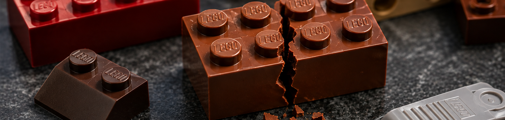 Pęknięty brązowy klocek LEGO otoczony starszymi elementami i separatorem do klocków.