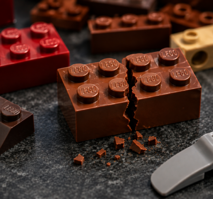 Pęknięty brązowy klocek LEGO otoczony starszymi elementami i separatorem do klocków.