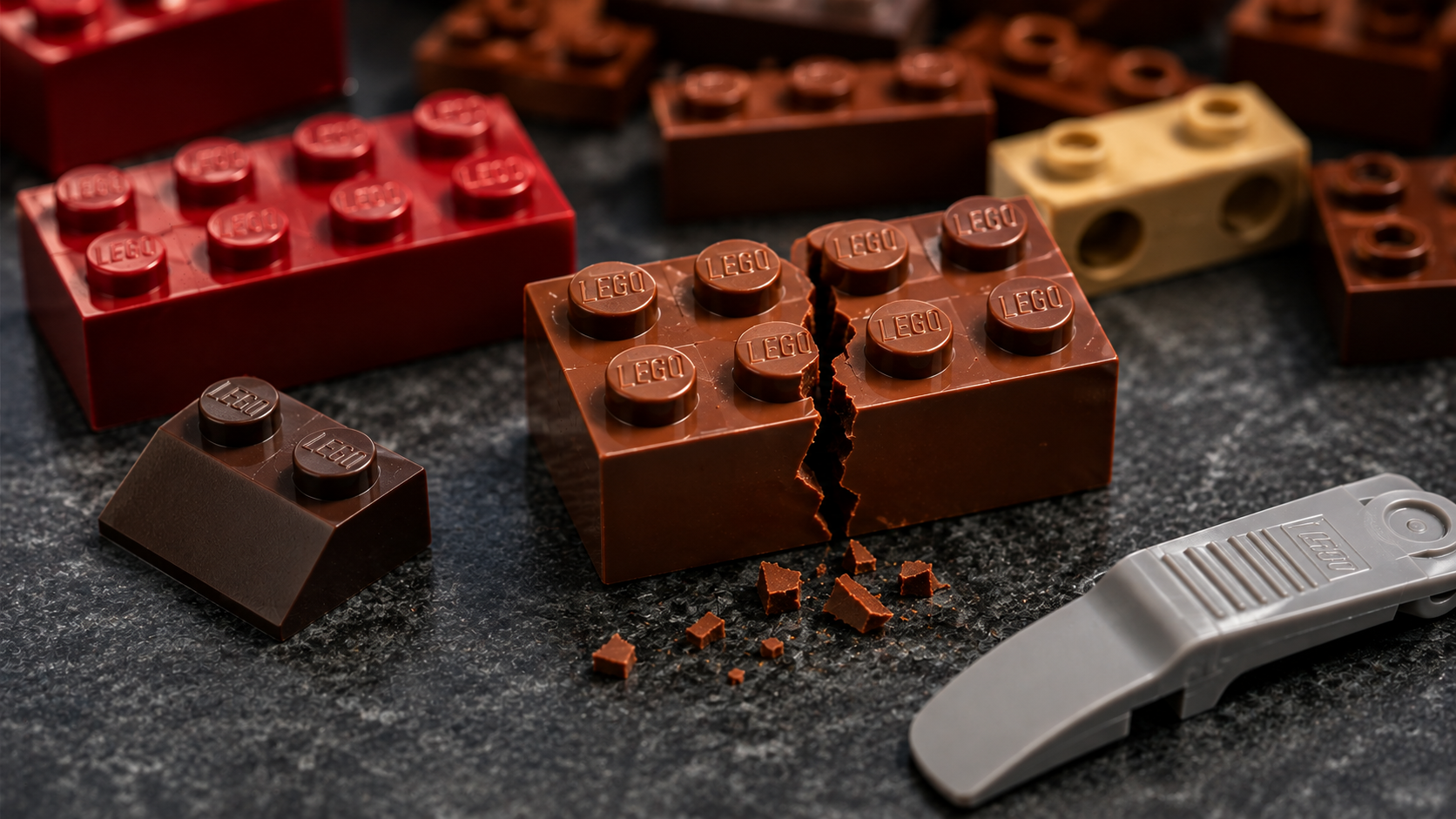 Pęknięty brązowy klocek LEGO otoczony starszymi elementami i separatorem do klocków.