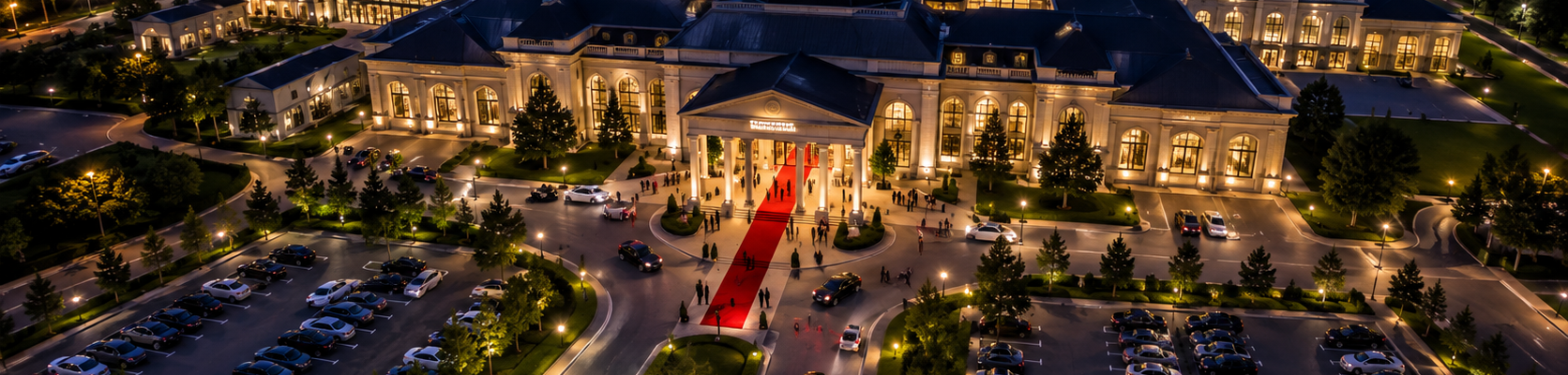 Wieczorne ujęcie z drona dużego eleganckiego kompleksu eventowego z oświetlonym wejściem, czerwonym dywanem, parkingami, samochodami i grupami gości.