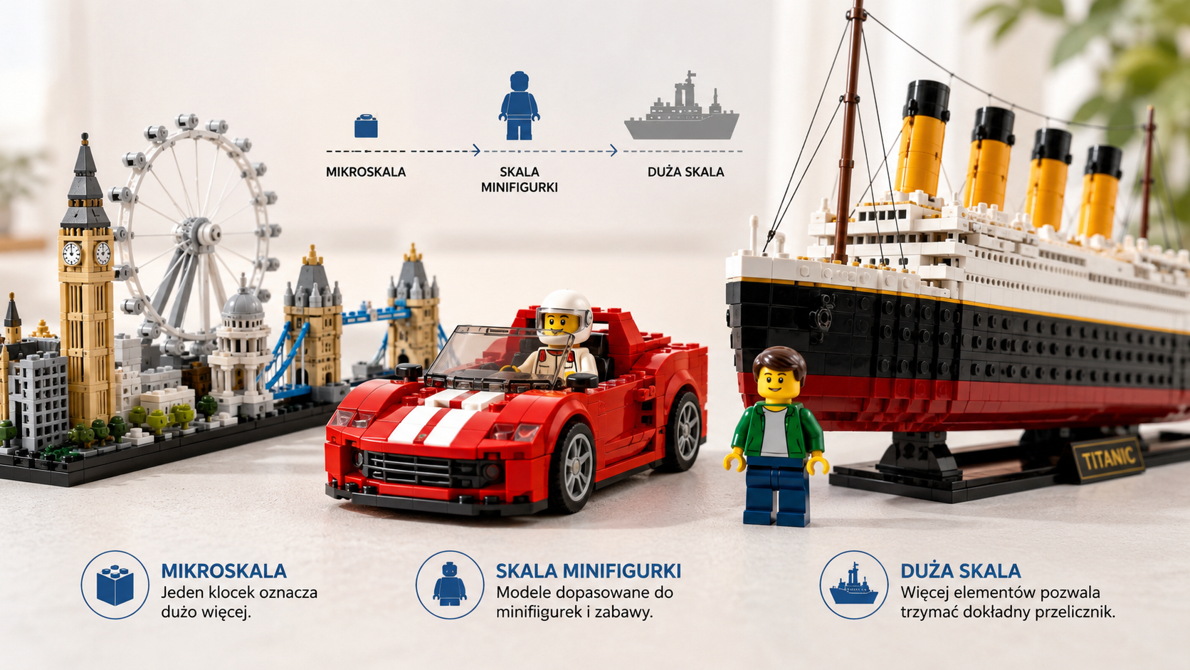Jasna grafika porównująca trzy skale modeli z klocków: mikroskalowe miasto, czerwony samochód z minifigurką i duży model statku.