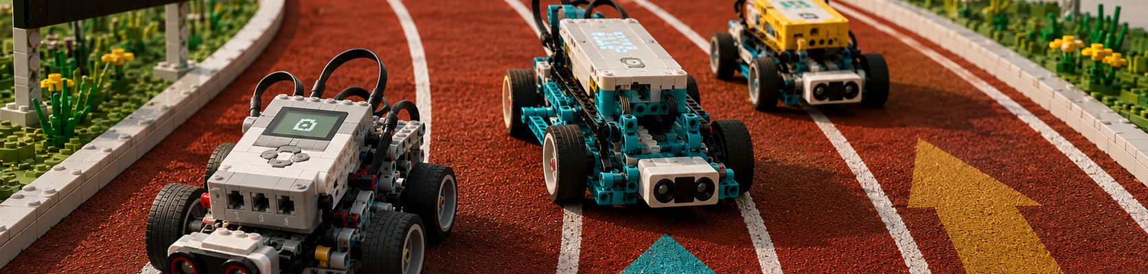 Trzy roboty zbudowane z klocków ścigają się po torze lekkoatletycznym z oznaczeniami odnoszącymi się do końca FIRST LEGO League i początku nowych programów od 2027 roku.