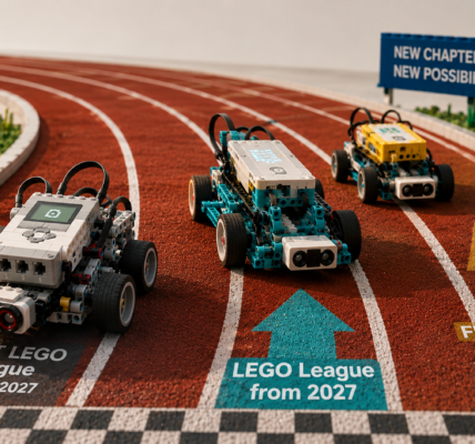 Trzy roboty zbudowane z klocków ścigają się po torze lekkoatletycznym z oznaczeniami odnoszącymi się do końca FIRST LEGO League i początku nowych programów od 2027 roku.