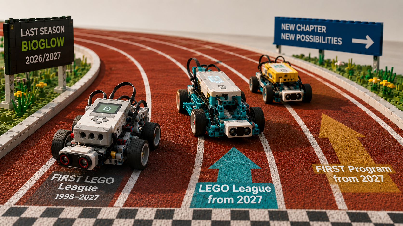 Trzy roboty zbudowane z klocków ścigają się po torze lekkoatletycznym z oznaczeniami odnoszącymi się do końca FIRST LEGO League i początku nowych programów od 2027 roku.