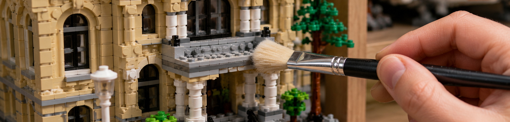 Zakurzony model LEGO czyszczony miękkim pędzlem na drewnianej półce.
