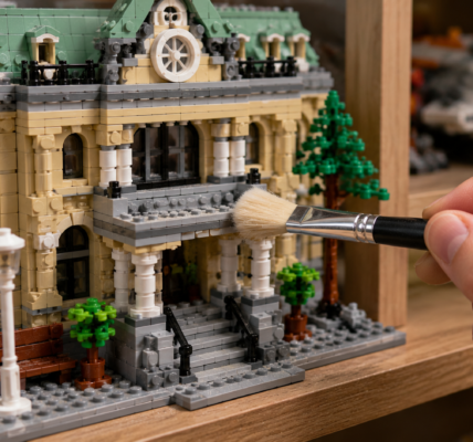 Zakurzony model LEGO czyszczony miękkim pędzlem na drewnianej półce.