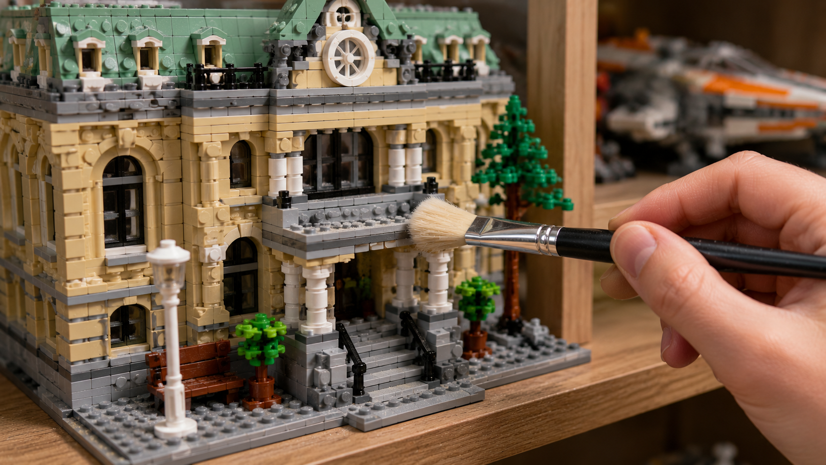 Zakurzony model LEGO czyszczony miękkim pędzlem na drewnianej półce.