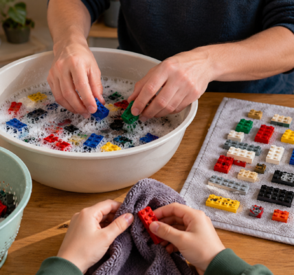 Dwie osoby ręcznie myją klocki LEGO w misce i odkładają je na ręcznik do wyschnięcia.