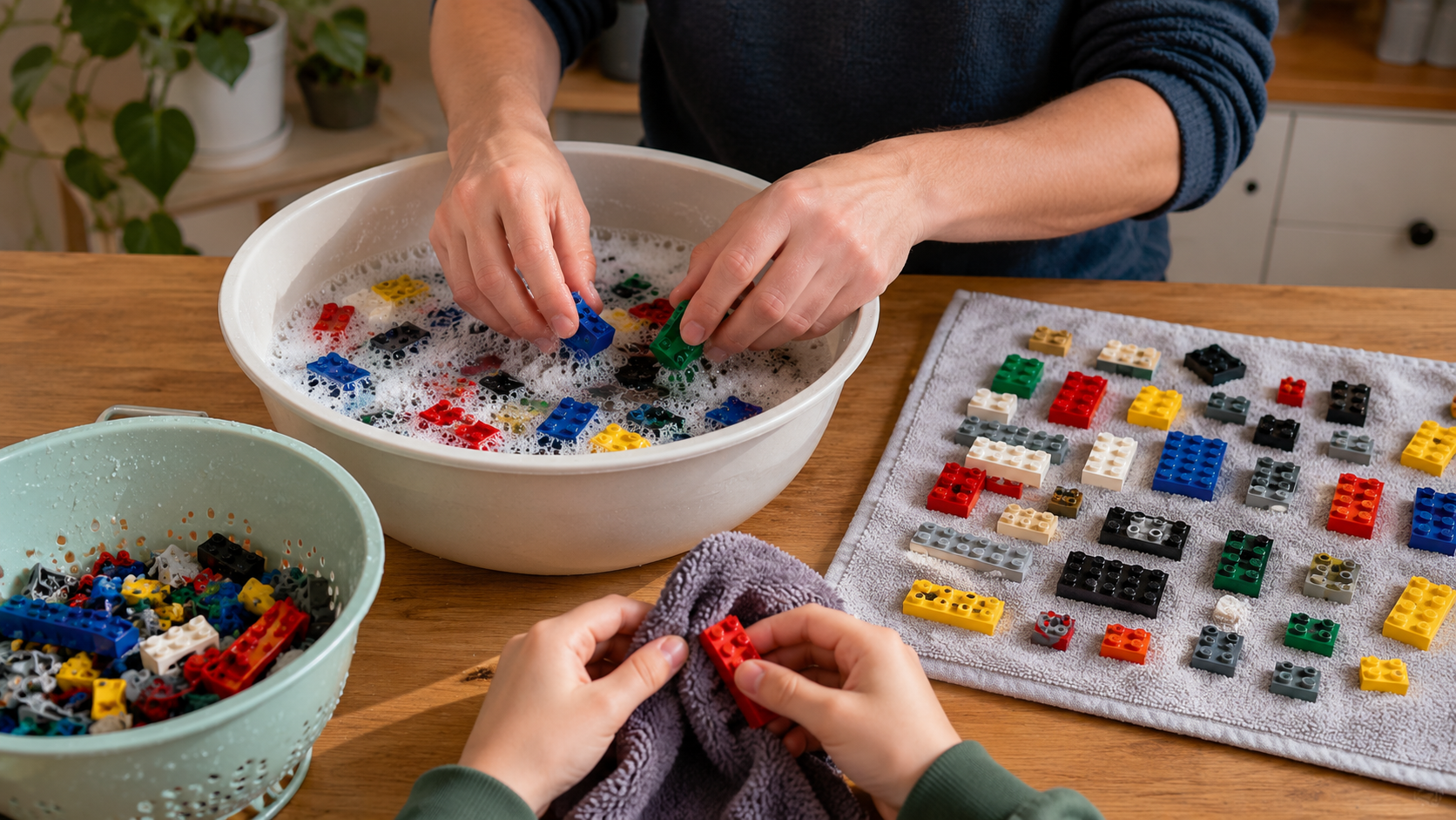 Dwie osoby ręcznie myją klocki LEGO w misce i odkładają je na ręcznik do wyschnięcia.