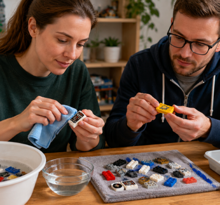 Dwie osoby delikatnie czyszczą i oglądają dekorowane klocki LEGO z naklejkami i nadrukami.