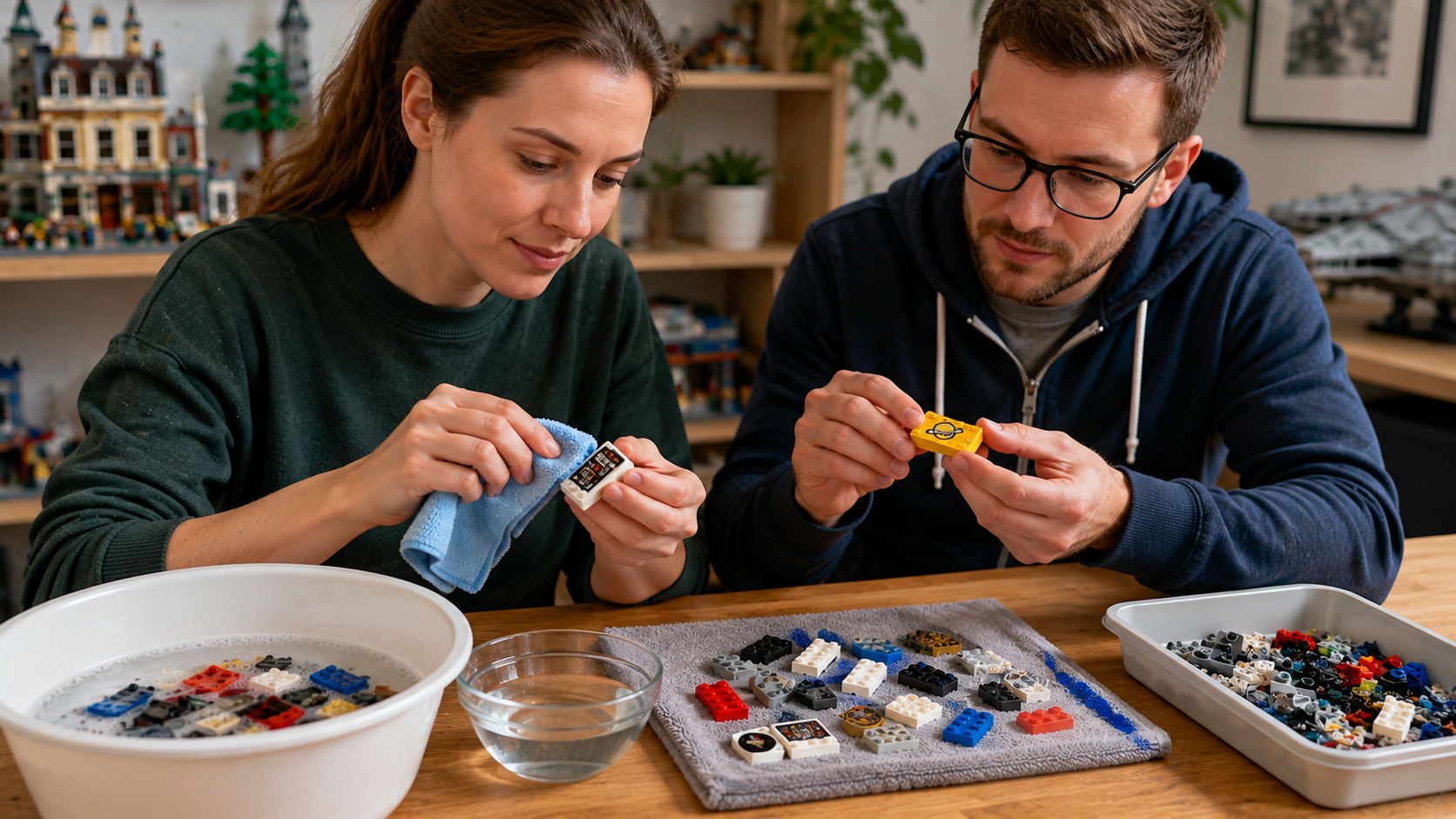 Dwie osoby delikatnie czyszczą i oglądają dekorowane klocki LEGO z naklejkami i nadrukami.