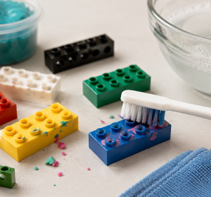 Brudne klocki LEGO z resztkami plasteliny czyszczone miękką szczoteczką.