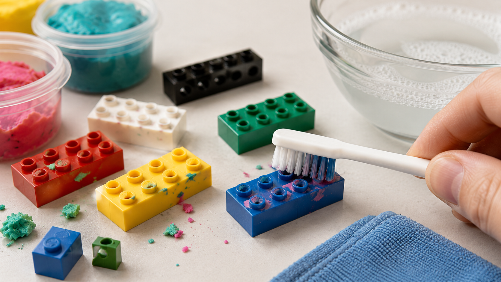 Brudne klocki LEGO z resztkami plasteliny czyszczone miękką szczoteczką.