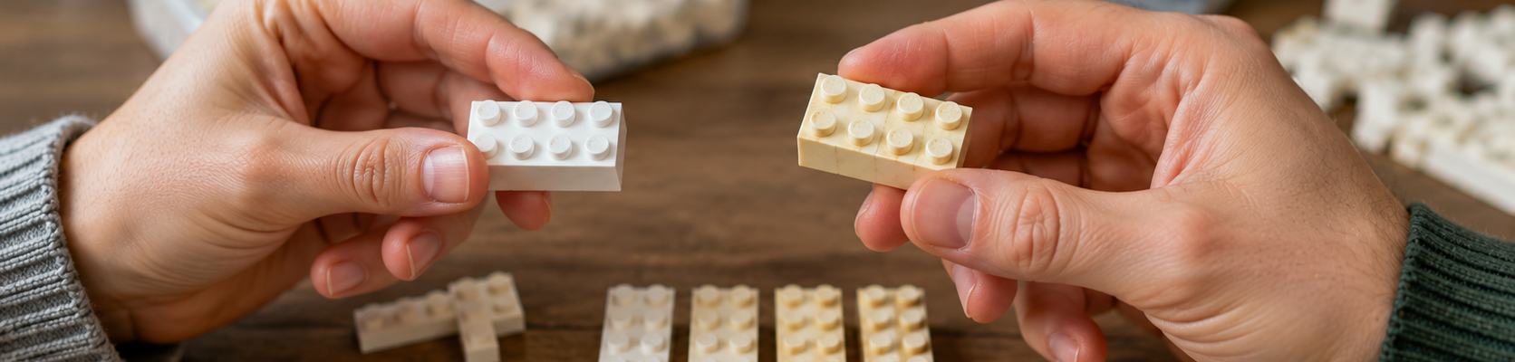 Dwie osoby porównują biały i pożółkły klocek LEGO przy stole z innymi jasnymi elementami.