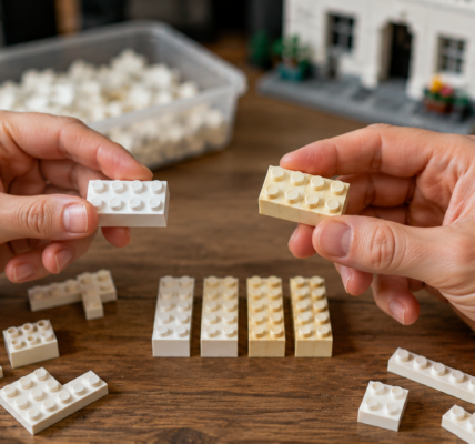 Dwie osoby porównują biały i pożółkły klocek LEGO przy stole z innymi jasnymi elementami.