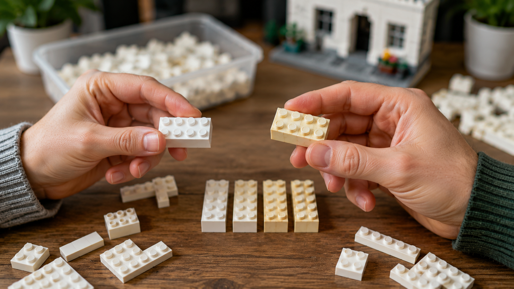 Dwie osoby porównują biały i pożółkły klocek LEGO przy stole z innymi jasnymi elementami.