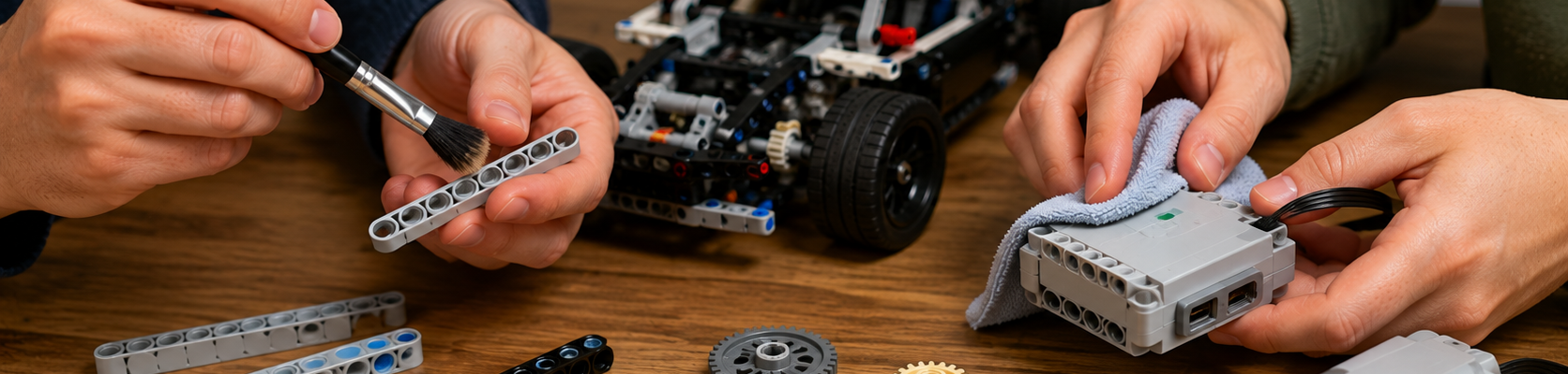 Dwie osoby czyszczą elementy LEGO Technic, liftarmy miękkim pędzlem i elektroniczny hub ściereczką.
