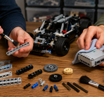 Dwie osoby czyszczą elementy LEGO Technic, liftarmy miękkim pędzlem i elektroniczny hub ściereczką.