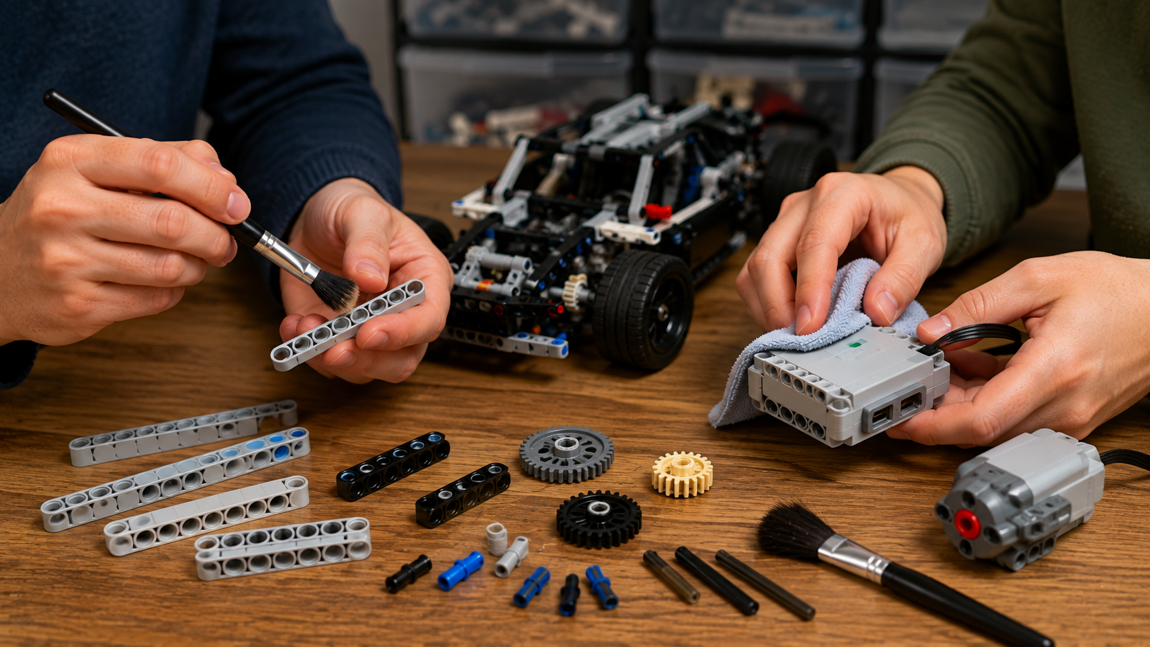 Dwie osoby czyszczą elementy LEGO Technic, liftarmy miękkim pędzlem i elektroniczny hub ściereczką.