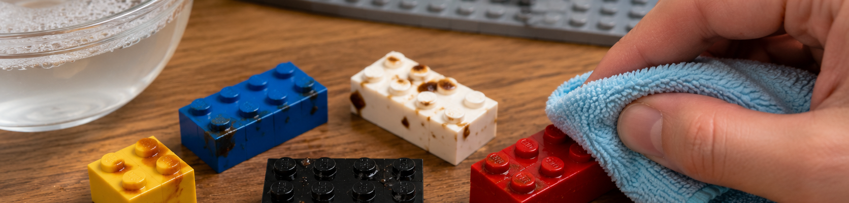Zabrudzone jedzeniem i słodkim napojem klocki LEGO czyszczone miękką ściereczką.