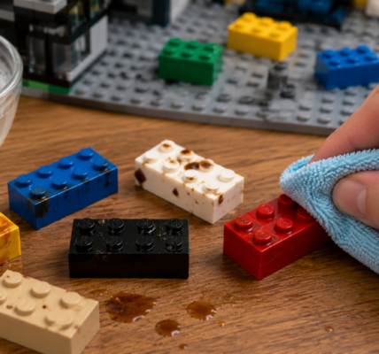 Zabrudzone jedzeniem i słodkim napojem klocki LEGO czyszczone miękką ściereczką.