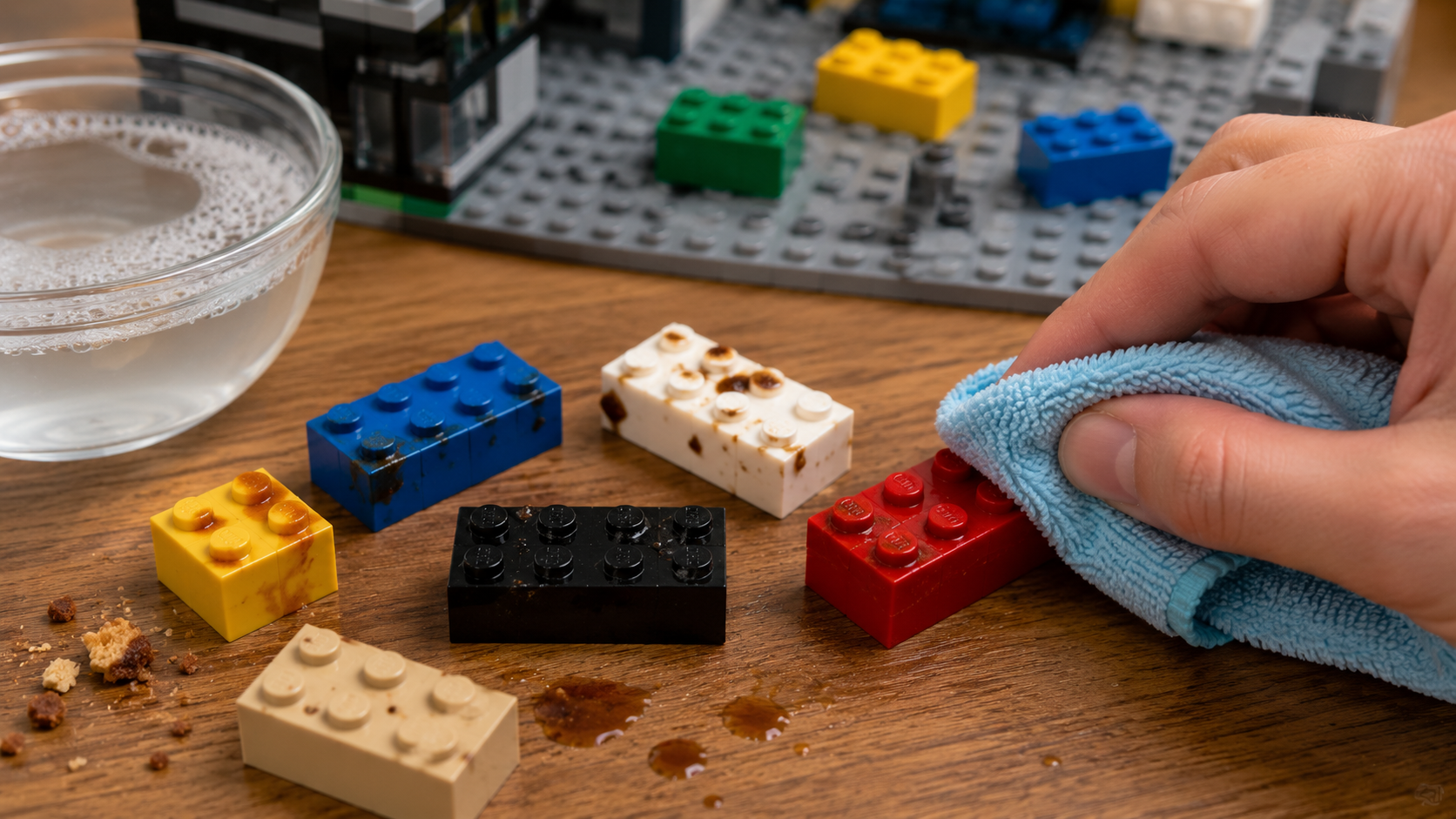 Zabrudzone jedzeniem i słodkim napojem klocki LEGO czyszczone miękką ściereczką.