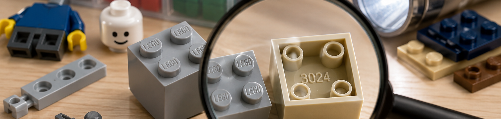 Redakcyjna grafika pokazująca kontrolę używanych klocków pod lupą, z widocznymi oznaczeniami LEGO na studach i numerem 3024 odlanym wewnątrz elementu.