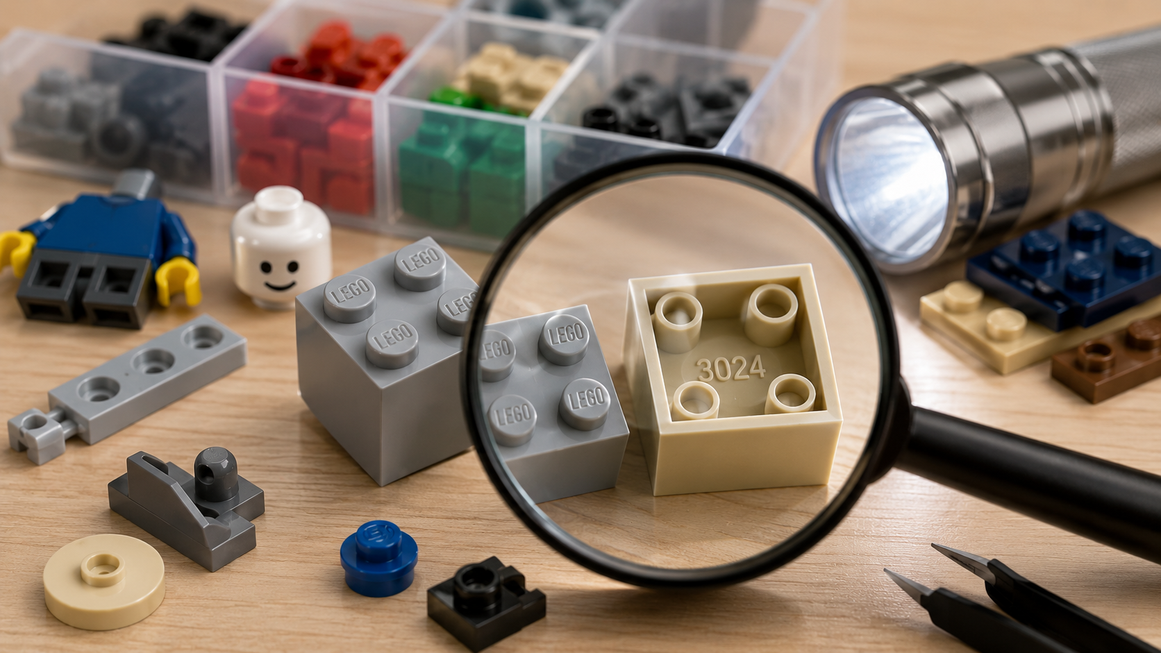 Redakcyjna grafika pokazująca kontrolę używanych klocków pod lupą, z widocznymi oznaczeniami LEGO na studach i numerem 3024 odlanym wewnątrz elementu.