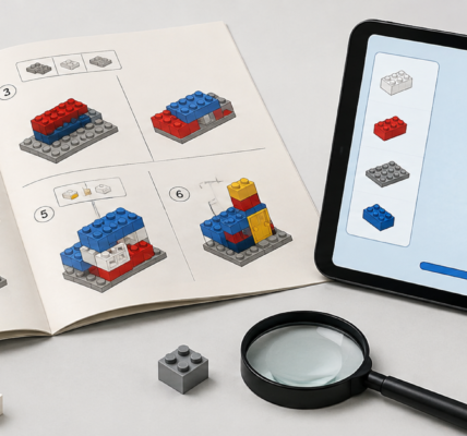 Papierowa instrukcja budowania obok kolorowych klocków i tabletu z instrukcją cyfrową