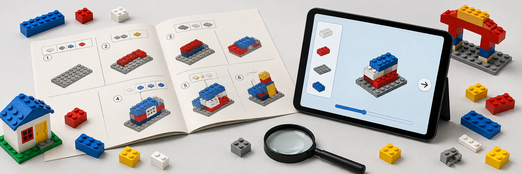 Papierowa instrukcja budowania obok kolorowych klocków i tabletu z instrukcją cyfrową