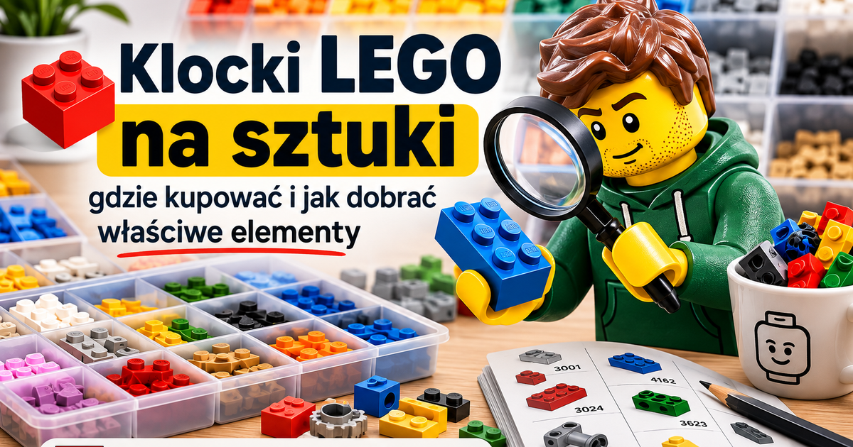 Kolorowe klocki LEGO na sztuki, pojemniki z częściami i minifigurka sprawdzająca element przez lupę