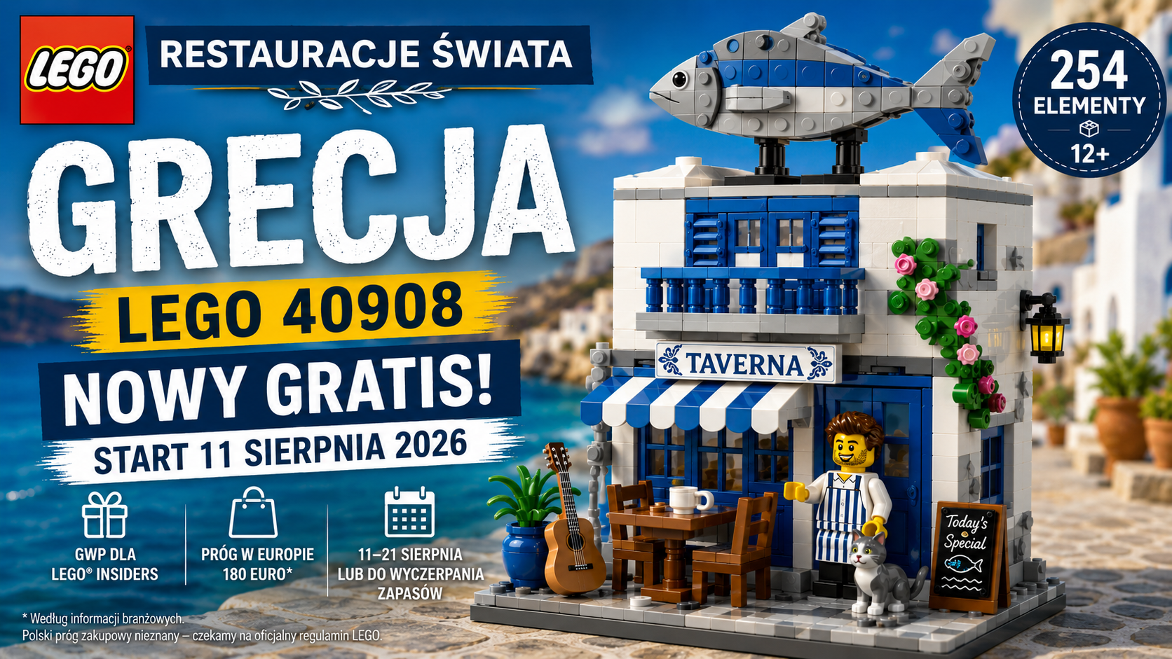 Grafika ilustracyjna dotycząca LEGO 40908 Restauracje świata: Grecja ze stylizowaną biało-niebieską tawerną, rybą na dachu i informacją o planowanym starcie promocji 11 sierpnia 2026 roku.
