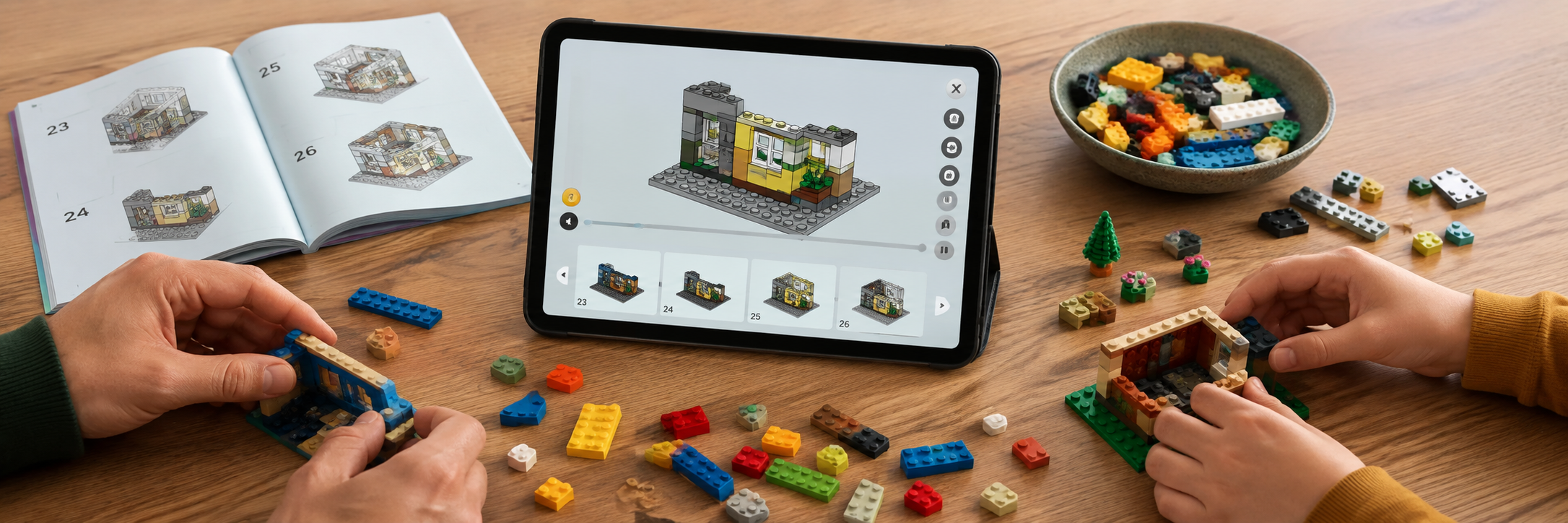 Cyfrowa instrukcja 3D na tablecie obok papierowej książeczki i kolorowych klocków