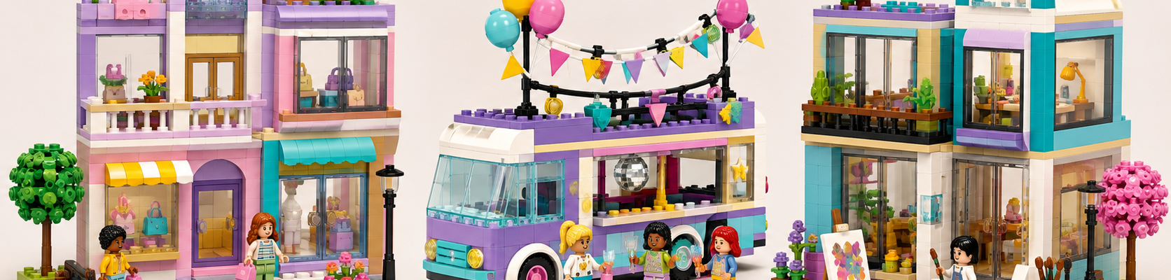 Trzy kolorowe klockowe scenki na jasnym tle: małe centrum handlowe, autobus imprezowy i szkoła artystyczna, ustawione obok siebie jako ilustracja możliwej fali LEGO Friends.