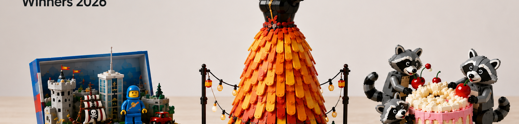 Trzy fanowskie modele z konkursu LEGO House ustawione na jasnym stole: otwarte pudełko z miniaturowymi scenami, pomarańczowo-czerwona suknia z klocków oraz scenka z tortem i trzema szopami.