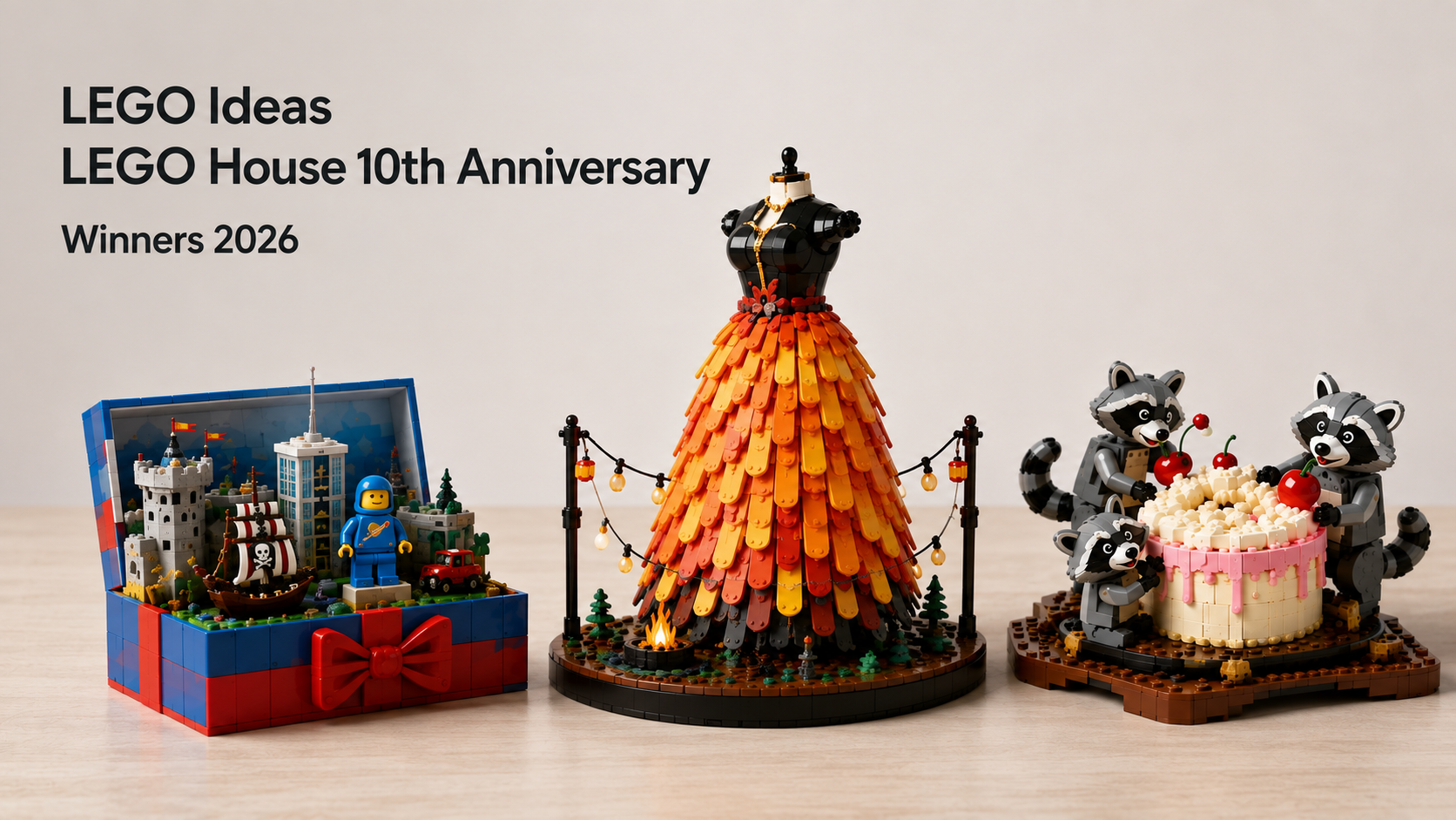 Trzy fanowskie modele z konkursu LEGO House ustawione na jasnym stole: otwarte pudełko z miniaturowymi scenami, pomarańczowo-czerwona suknia z klocków oraz scenka z tortem i trzema szopami.