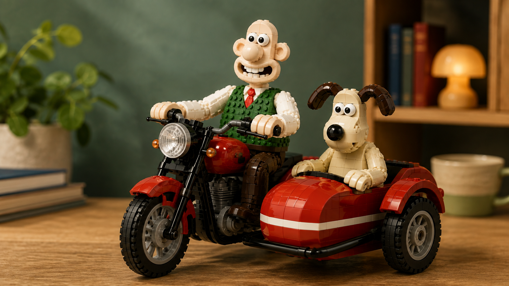 Klockowa ilustracja Wallace’a i Gromita jadących motocyklem z czerwonym wózkiem bocznym w spokojnej studyjnej scenerii.