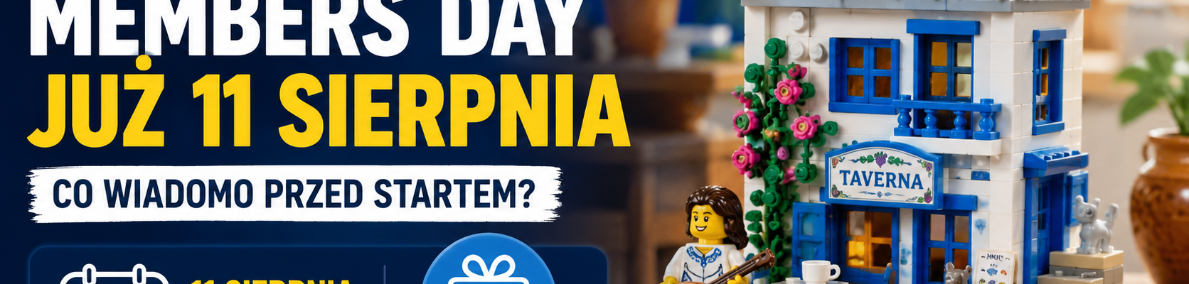 Grafika LEGO Insiders Members Day 11 sierpnia z modelem greckiej tawerny nawiązującym do zestawu 40908 Restauracje świata: Grecja.
