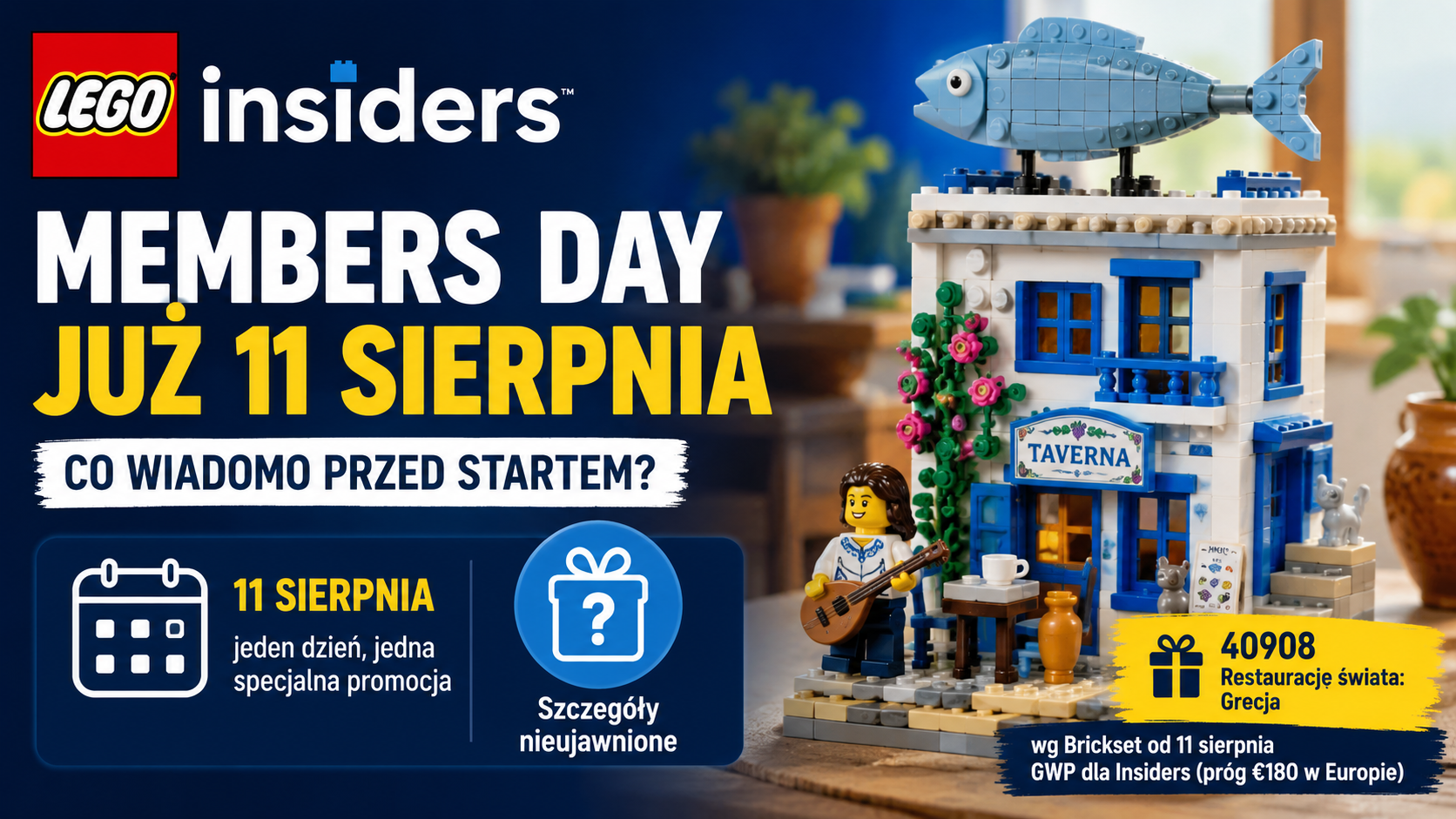 Grafika LEGO Insiders Members Day 11 sierpnia z modelem greckiej tawerny nawiązującym do zestawu 40908 Restauracje świata: Grecja.
