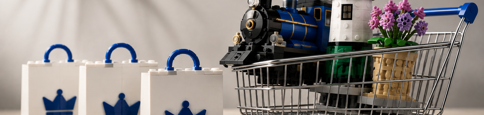 Koszyk zakupowy z trzema klockowymi modelami obok trzech białych toreb, symbolizujący możliwość dodania do trzech fizycznych nagród LEGO Insiders do jednego zamówienia.