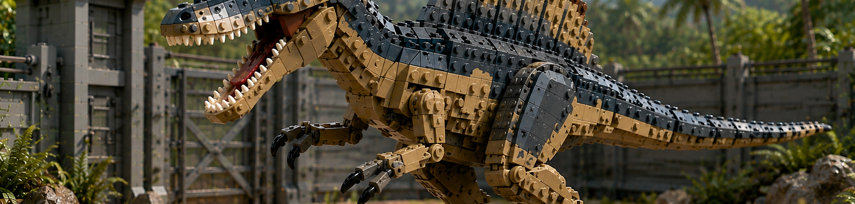 Klockowy spinozaur w tropikalnej scenerii inspirowanej serią LEGO Jurassic World.