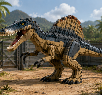Klockowy spinozaur w tropikalnej scenerii inspirowanej serią LEGO Jurassic World.