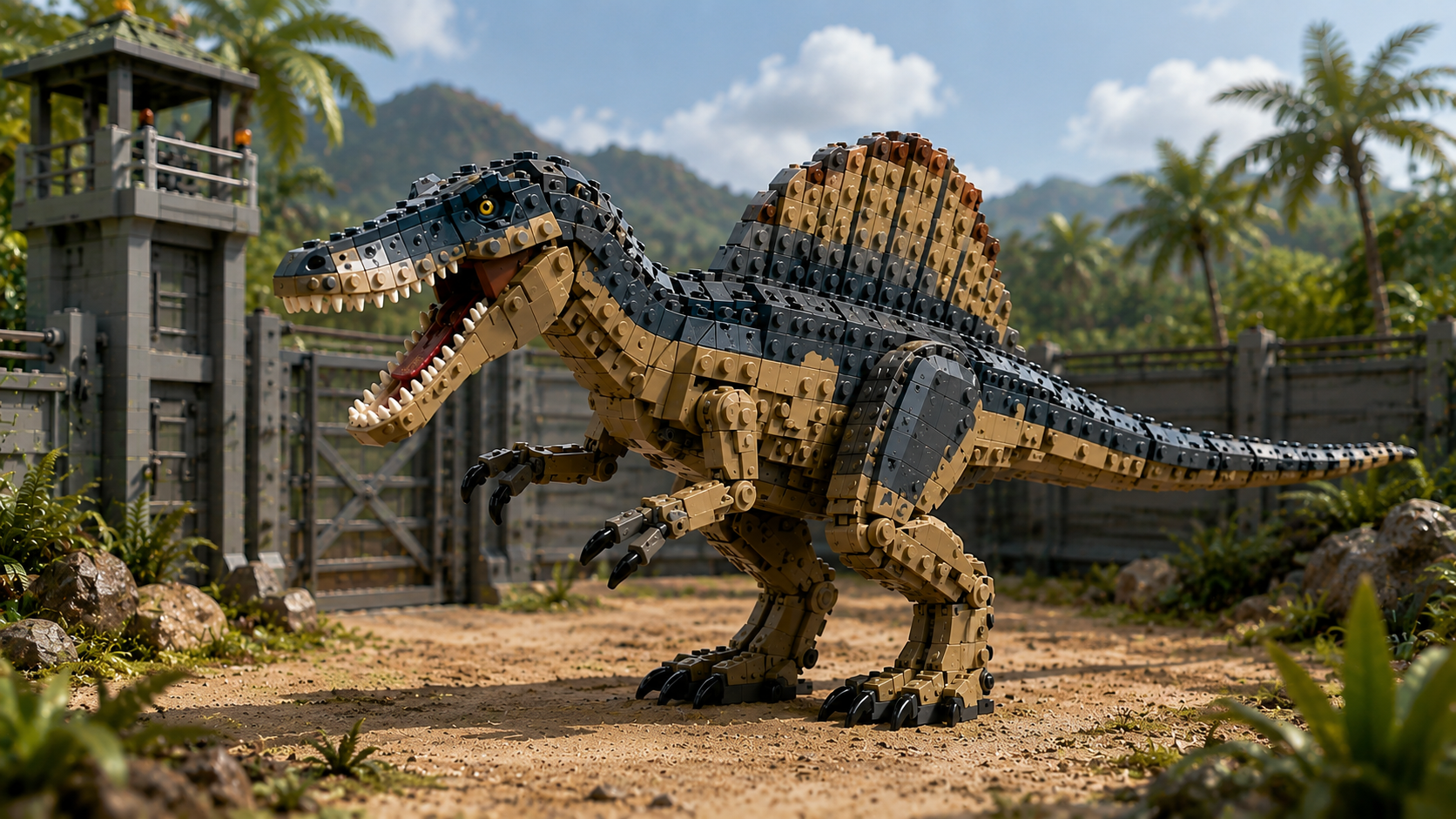 Klockowy spinozaur w tropikalnej scenerii inspirowanej serią LEGO Jurassic World.