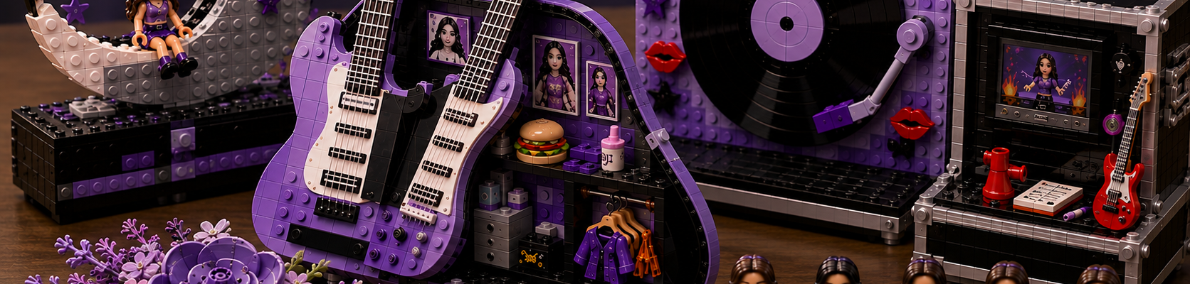 Zestawy LEGO inspirowane Olivią Rodrigo z fioletową gitarą, hamburgerem i muzycznymi detalami.
