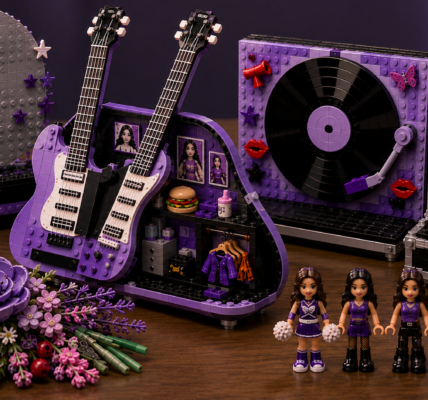 Zestawy LEGO inspirowane Olivią Rodrigo z fioletową gitarą, hamburgerem i muzycznymi detalami.
